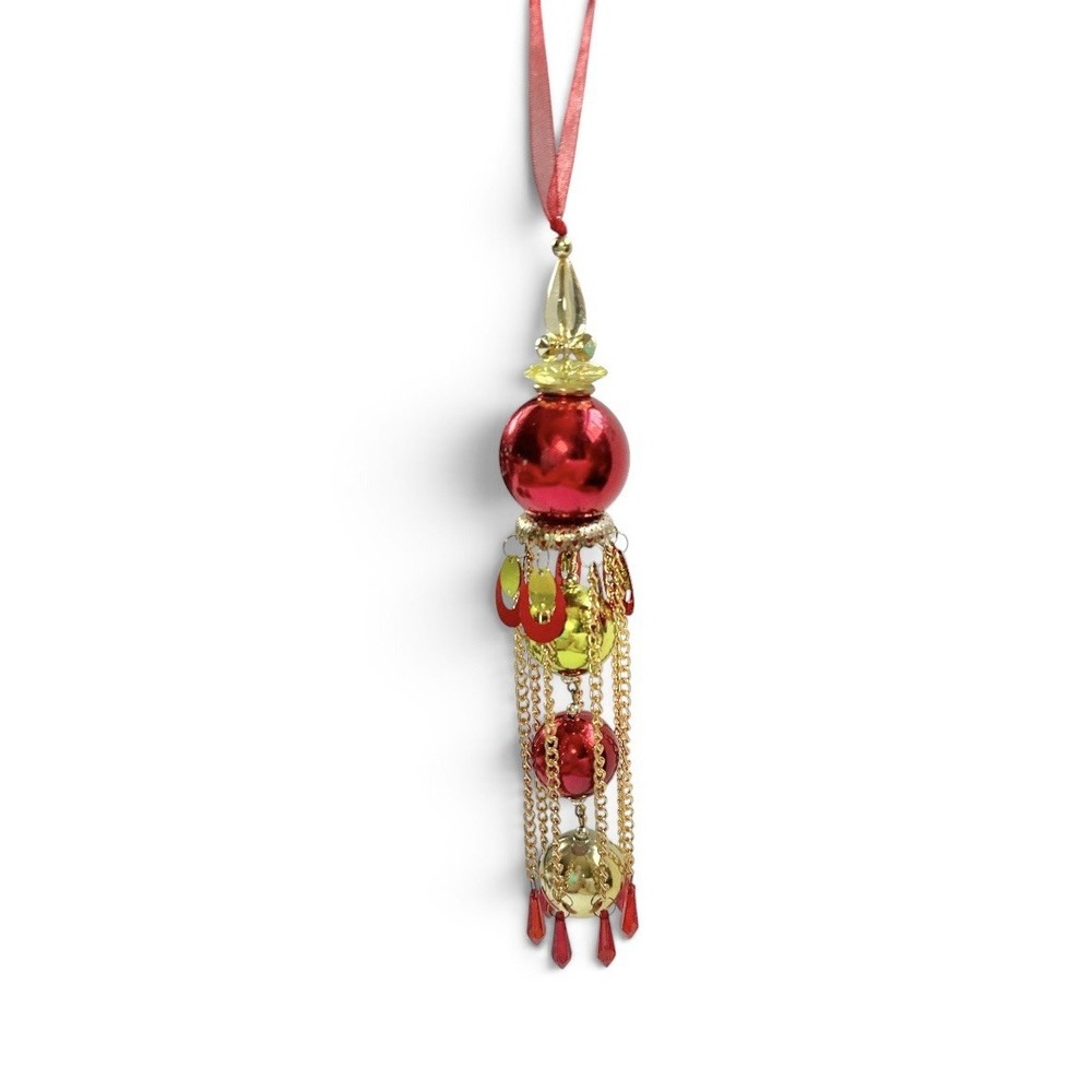 Red Gold Tiered Dangling Christmas Ornament Metallic Bauble Gold Chain Festive